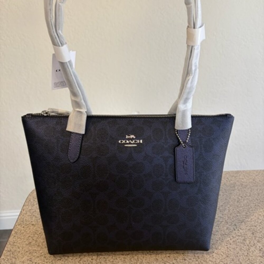 Coach Fiona Zip Tote Shoulder Bag In Signature Canvas Silver Blue Navy NWT